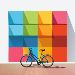 Fototapeta premium A long bike shadow travels past a vivid wall of color blocks