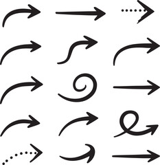 Hand-drawn arrow vector icons: diverse set of direction signs, isolated background, symbol collection for design.