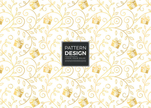 Elegant Gold Gift Box and Foliage Pattern on White Background Decorative Festive Design for Wrapping Paper or Celebratory Invitations