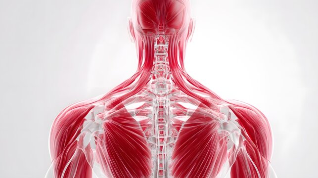 Detailed illustration of the human upper back muscles and skeletal structure.