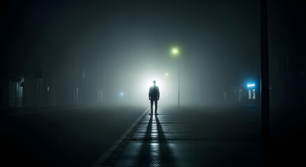 A solitary man silhouetted against a bright light on a deserted, foggy street at night.
