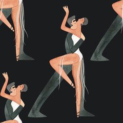 Couples on the parquet dancing La. Professional dancers on the performance. Seamless watercolor pattern for the design of the corporate identity of the brand of the dance school for adults.