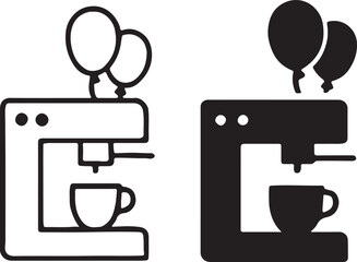 Vector coffee maker icon with balloons, celebratory symbol, isolated background, simple sign design.