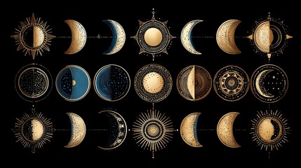 Moon phase icons in clean vector style showing lunar cycles from new moon to full, perfect for calendars, astrology, and astronomy apps