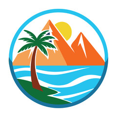 Fototapeta premium Palm Tree and Mountain Sunset Badge