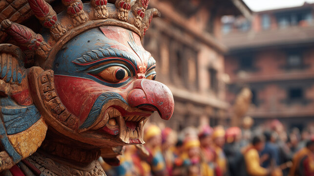 Bhaktapur Indra Jatra Nepal, masked dances in heritage square, bold 3D banner, side copy space