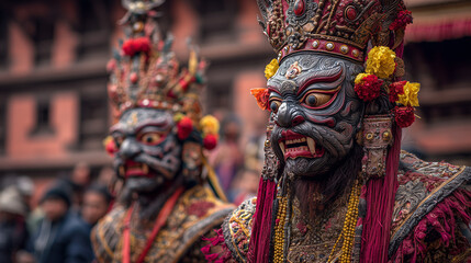 Fototapeta premium Kathmandu Indra Jatra Nepal, masked dancers in Durbar Square