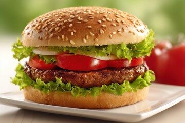 Juicy Cheeseburger with Lettuce, Tomato, and Onion on Sesame Bun