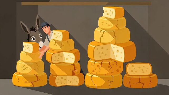 Animated cheese maker carefully stacking wheels, with donkey looking on in humorous cartoon scene