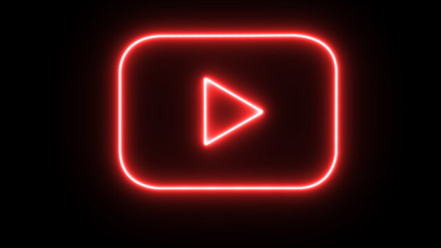 Red neon play button icon on black background