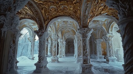 An ornate, snow-covered architectural hall.