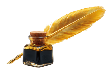 Golden quill and inkwell.  A  golden feather rests against a small glass inkwell filled with dark ink.  A cork stopper seals the bottle