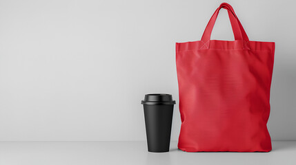 Vibrant red tote bag and black coffee cup mockup for branding and design needs