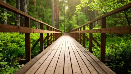 Wooden Bridge Path Through Lush Green Forest Tranquil Nature Walk
