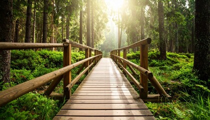 Fototapeta premium Wooden Bridge Serenity A Peaceful Pathway Through a Lush Forest, Bathed in Sunlight
