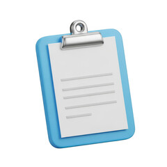 3d blue clipboard with blank paper on transparent background
