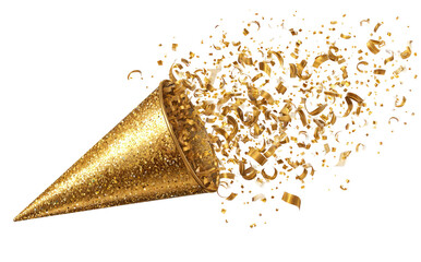 Gold party popper exploding in a vibrant burst