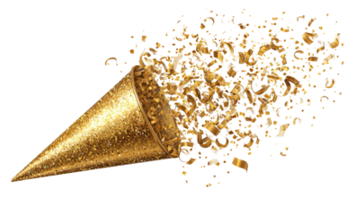 Gold party popper exploding in a vibrant burst