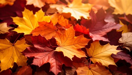 Fototapeta premium Close-up of colorful fallen maple leaves creating a beautiful autumn season background