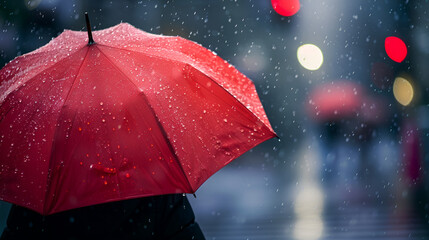 Vibrant red umbrella shields against stormy weather with city lights bokeh