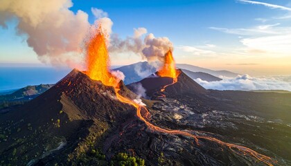 Fototapeta premium Stunning aerial view of a powerful double volcanic eruption with fiery lava fountains and flowing rivers of molten rock at sunset.