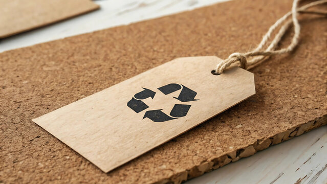   Kraft tag with printed recycling icon on cork board.. - Powered by Adobe