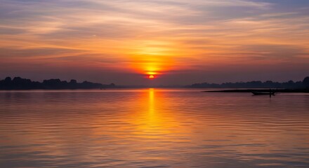 A breathtaking river sunset casting golden reflections on calm waters and a vibrant sky