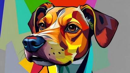 colorful, cubistic portrait of a dog, blending shapes and colors to convey a sense of anxiety. Cubism, abstract.