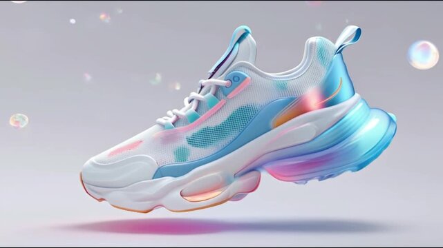 Animated 3d rendering of modern athletic shoe with bubbles and abstract colors