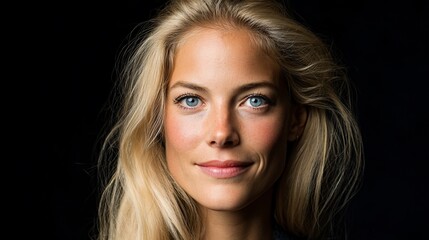Fototapeta premium Young Woman with Blonde Hair and Bright Blue Eyes Smiling Confidently Portrait in Dark Studio