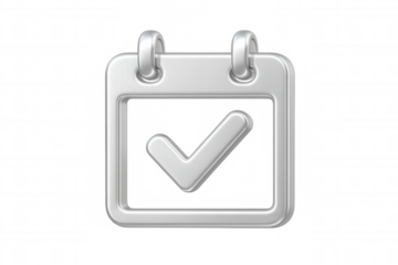 Silver 3d calendar icon displaying checked mark, signaling completed task or confirmed date against transparent backdrop