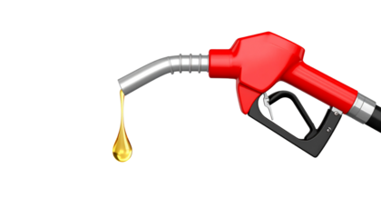 Red fuel pump nozzle dripping a drop of oil, isolated on transparent background