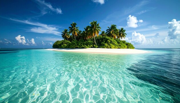 Stunning aerial view of a remote tropical paradise island with white sand beaches and lush palm trees surrounded by crystal clear turquoise water.