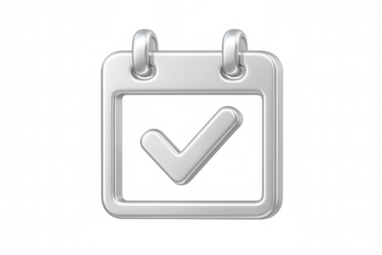 Silver 3d calendar icon displaying checked mark, signaling completed task or confirmed date against transparent backdrop