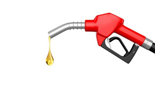 Red fuel pump nozzle dripping a drop of oil, isolated on transparent background