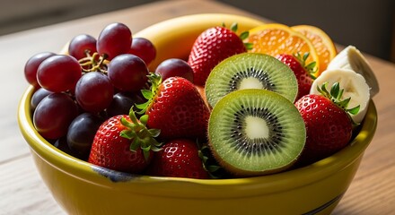 A vibrant assortment of fresh, colorful fruits in a sunny yellow bowl on a wooden table