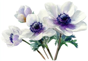 Obraz premium Delicate white anemones with purple centers