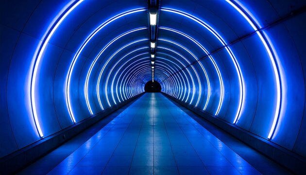 Blue-lit tunnel, vanishing point perspective, sleek modern design