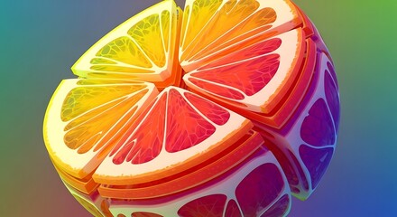 Abstract citrus sphere with vibrant rainbow gradient background showcasing segmented fruit