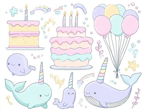 Cute pastel-colored birthday party set featuring narwhals, cakes, balloons, and decorations