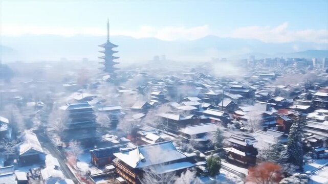 冬の都市、雪の日本の古都の風景、空撮動画