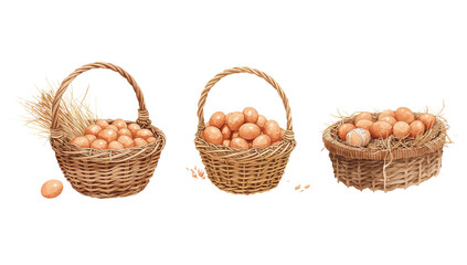 A watercolor painting of three baskets brimming with fresh eggs, showcasing rustic charm and rural
