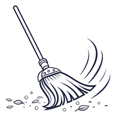 Broom sweeping the floor with leaves, cleaning the house isolated on white background