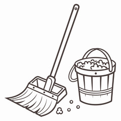 Illustration of a broom and bucket for cleaning, isolated on white background