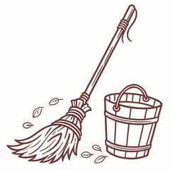 Illustration of a broom and bucket with fallen leaves isolated on white background