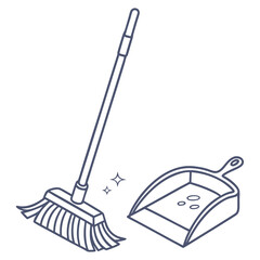 Illustration of a broom and dustpan, essential tools for cleaning and maintaining a tidy home, isolated on white background