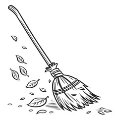 Illustration of a broom sweeping up fallen leaves, isolated on white background