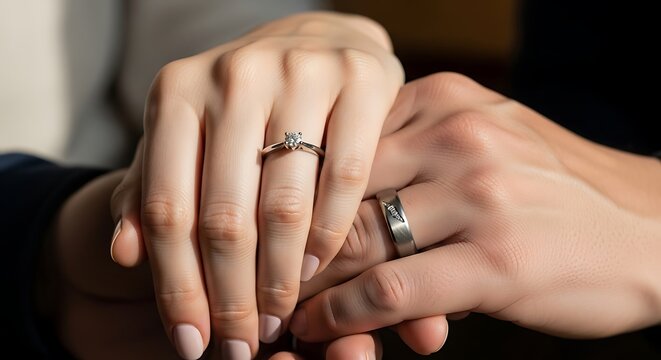 Capturing a Moment of Commitment: Close-up of Newly Engaged Couple's Hands Together