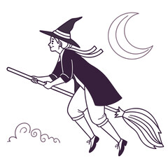 Illustration of a witch flying on a broomstick in the night sky isolated on white background
