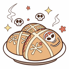 Illustration of hot cross buns and skulls isolated on white background, a traditional easter treat and day of the dead